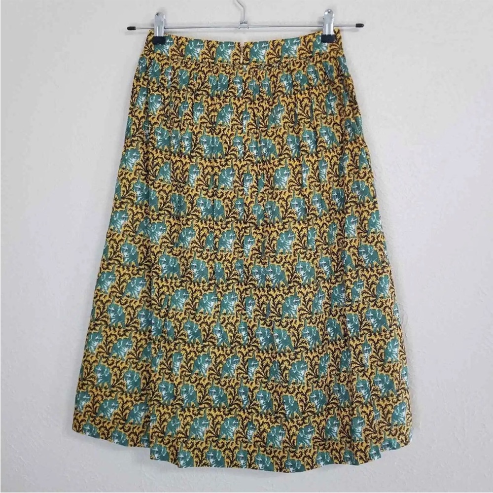 J.Crew Ratti Elephant Novelty Print A-Line Cotton Midi Skirt Gold Green Size 2 - Picture 7 of 9
